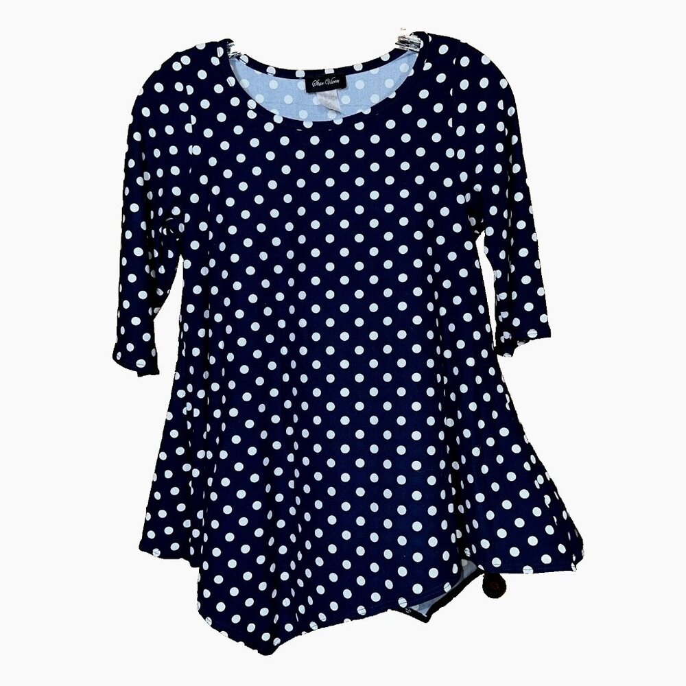 Star Vixen Navy Polka Dot Knit Top Sz M Asymmetric Hem 3/4 Sleeve Cozy Luxe Chic